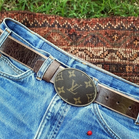 Upcycled harvested Louis Vuitton Revamped handcut leather belt w/ trophy buckle main image 7